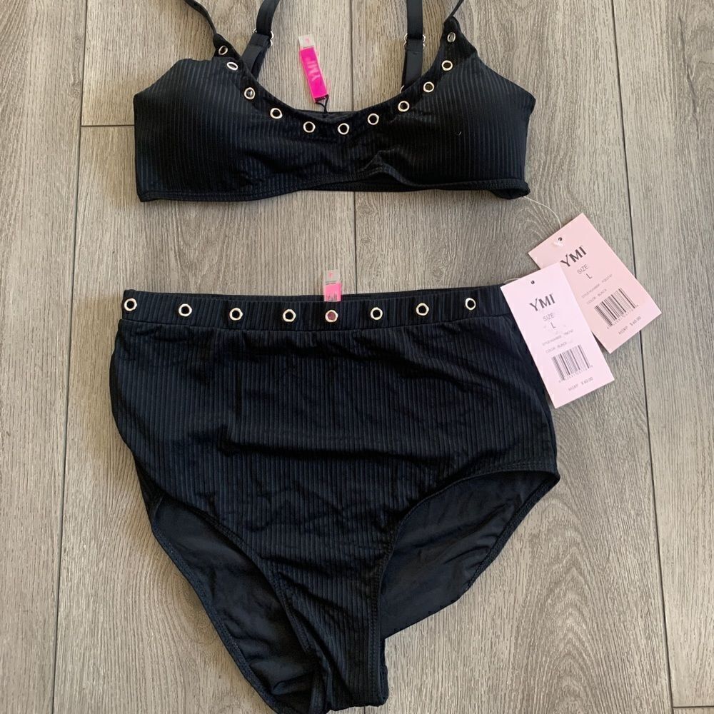 YMI Black Ribbed Grommet Two-Piece Bikini NWT